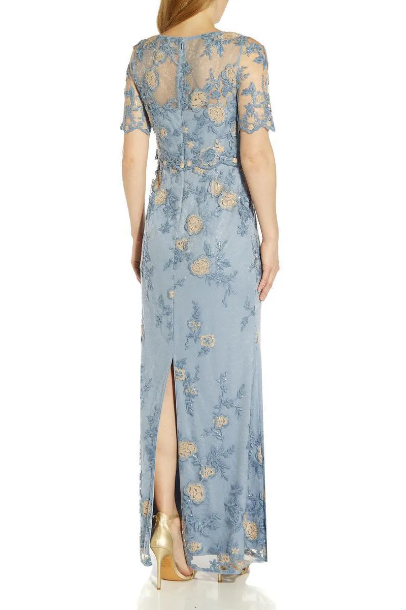 Adrianna Papell Boat Neck Short Sleeves Back Zipper Long Embroidered Gown