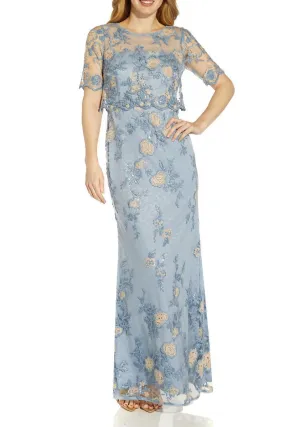 Adrianna Papell Boat Neck Short Sleeves Back Zipper Long Embroidered Gown