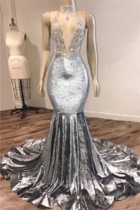 Black Girl Prom Dress Open Back Silver Velvet Prom Dresses Cheap | Mermaid Sexy V-Neck Crystals Appliques Formal Evening Gowns Mq0131