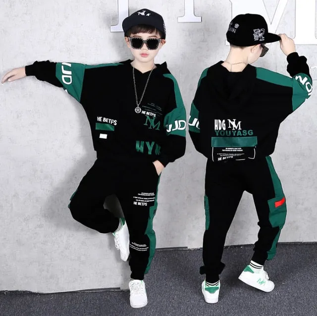 Children Tracksuit Hooded Green Hoodie Two-Piece Street Dance Sports Outfits For Boys Girls  Vetement Garcon 4 6 8 10 12 14 Yrs