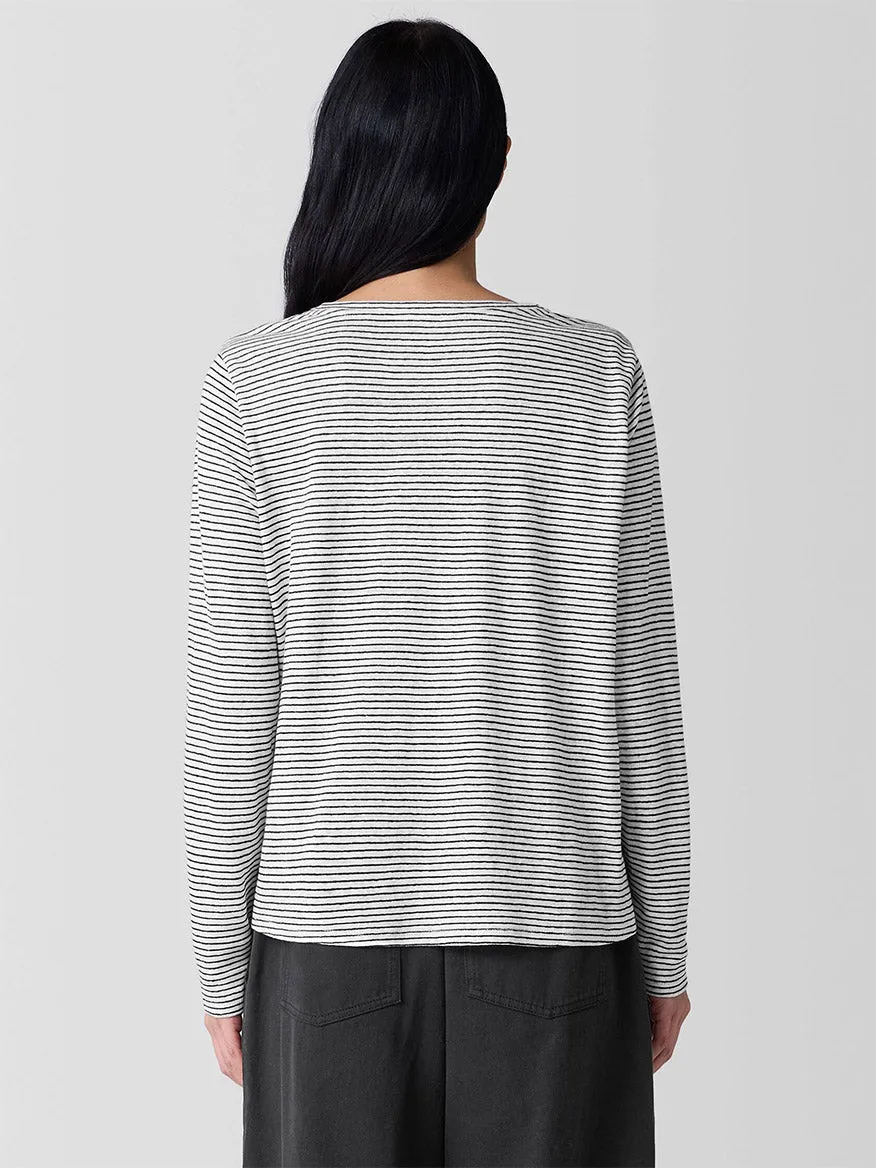 Eileen Fisher Striped Organic Linen Jersey Long-Sleeve Tee in White/Black