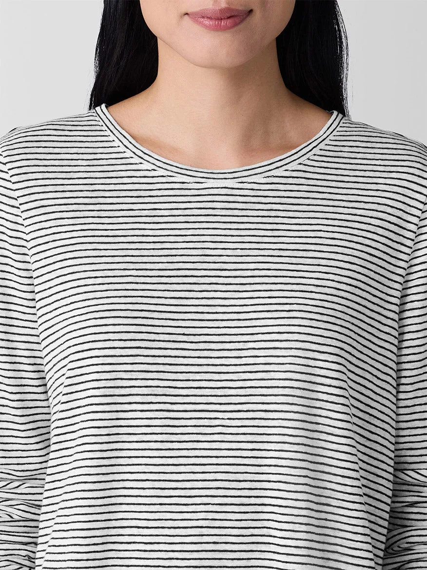 Eileen Fisher Striped Organic Linen Jersey Long-Sleeve Tee in White/Black