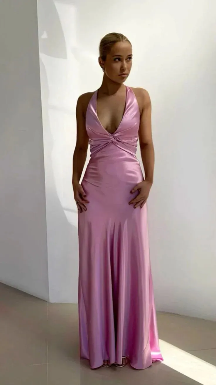 Elegant Gowns Evening Dresses Halter Pink V Neck Long Prom Dress Formal Party Dress Sexy