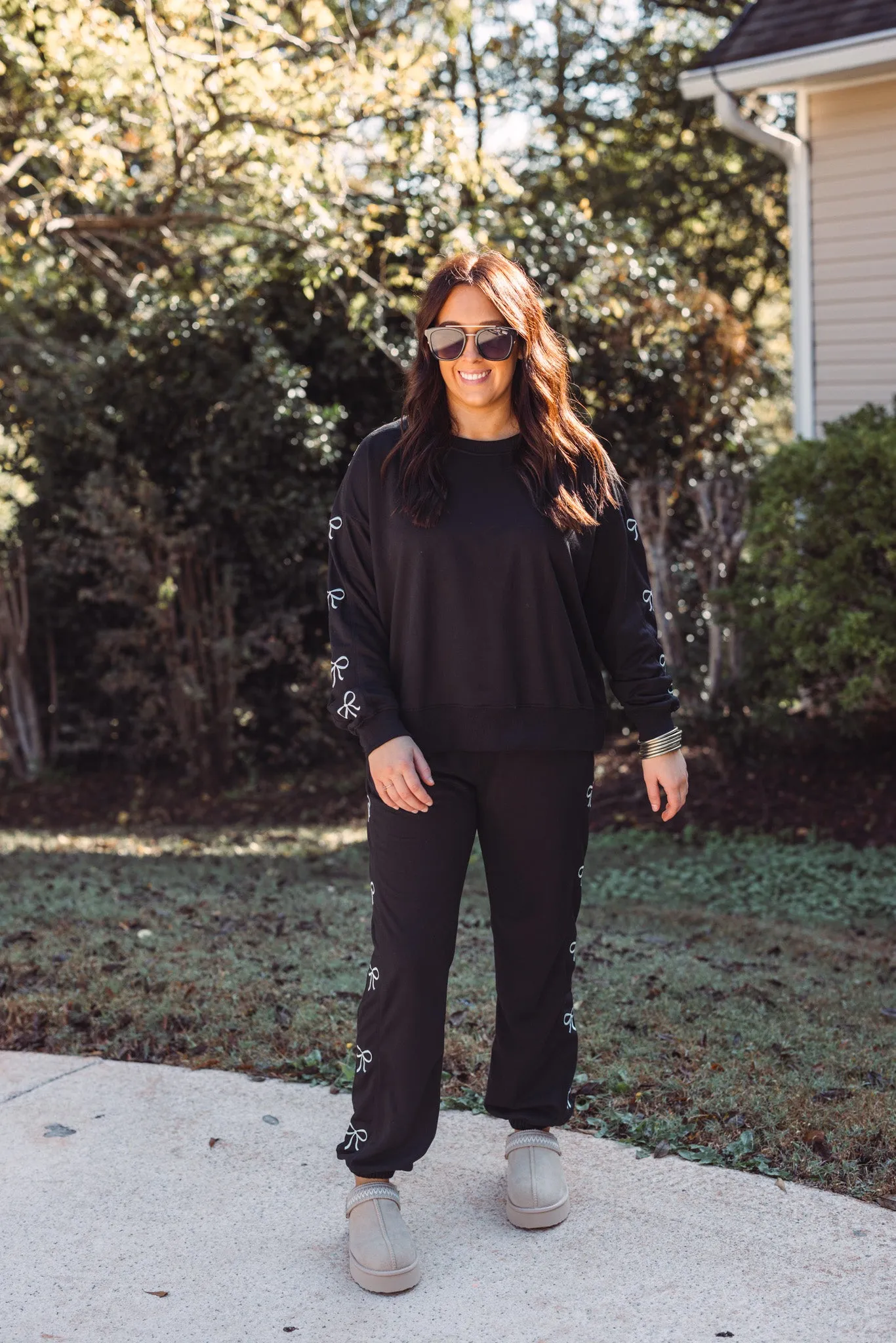 Embroidered Bows Black Knit Joggers