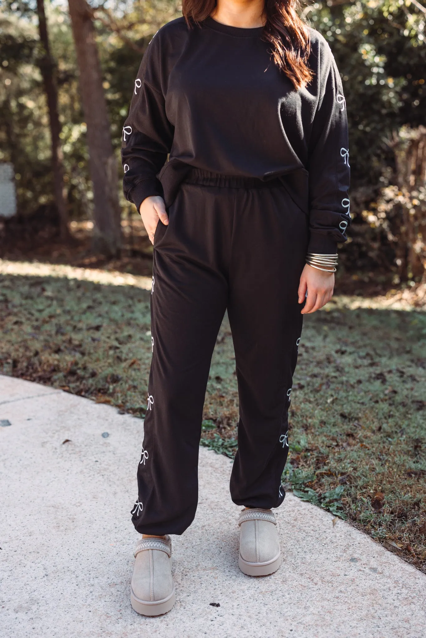 Embroidered Bows Black Knit Joggers