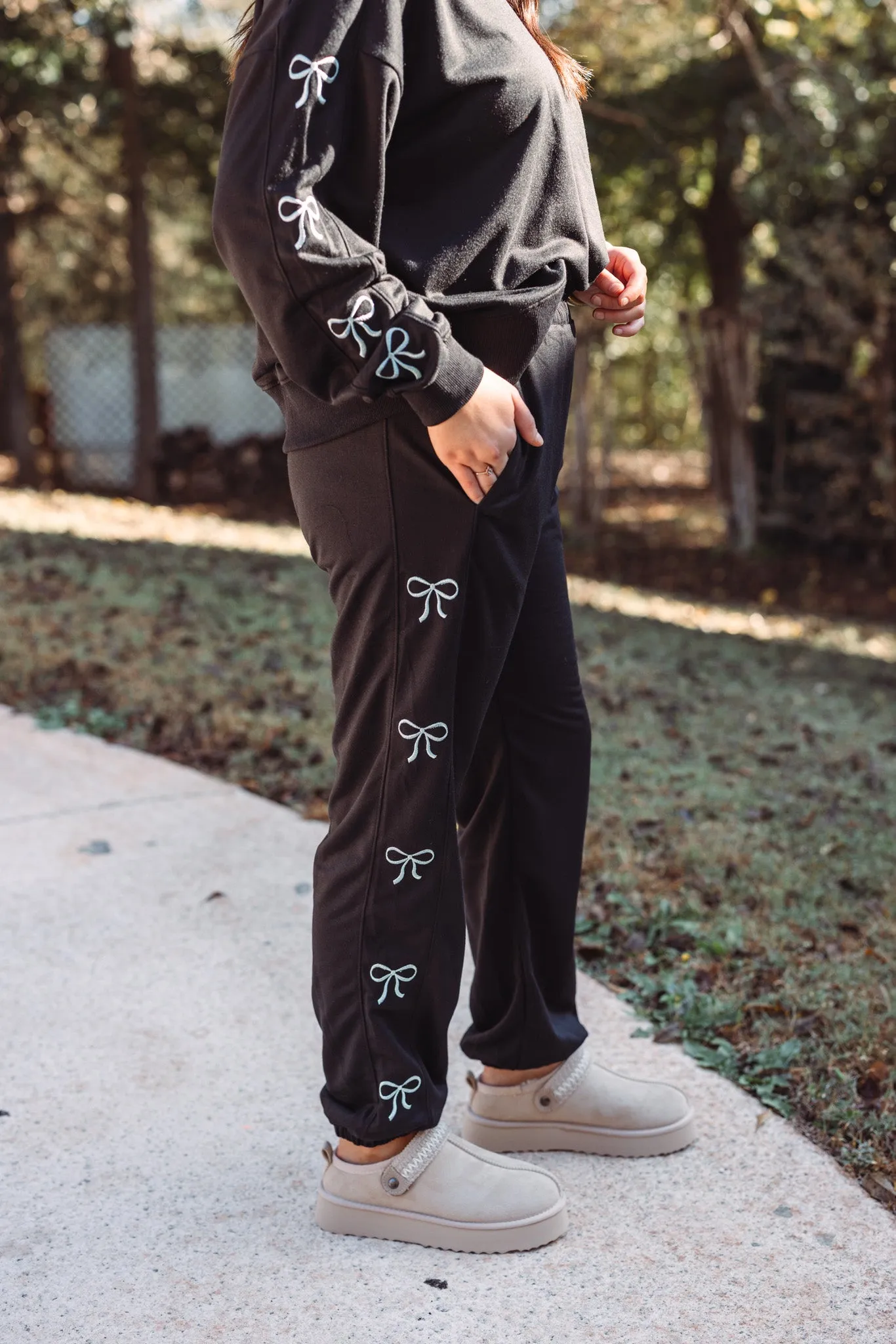 Embroidered Bows Black Knit Joggers