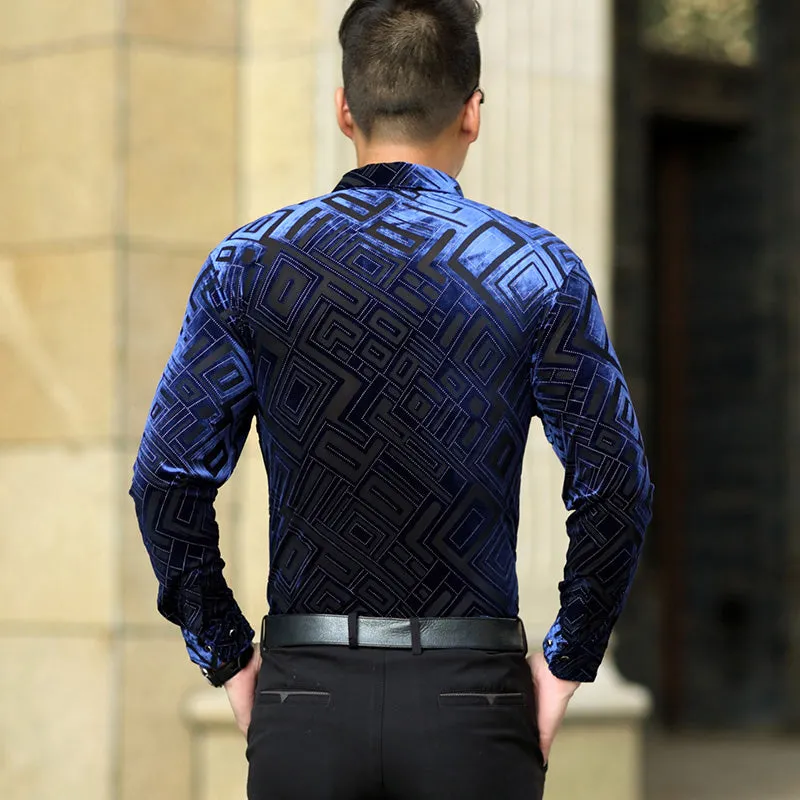 Geometric Pattern Velvet Slim Fit Men Long Sleeves Shirt