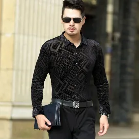 Geometric Pattern Velvet Slim Fit Men Long Sleeves Shirt