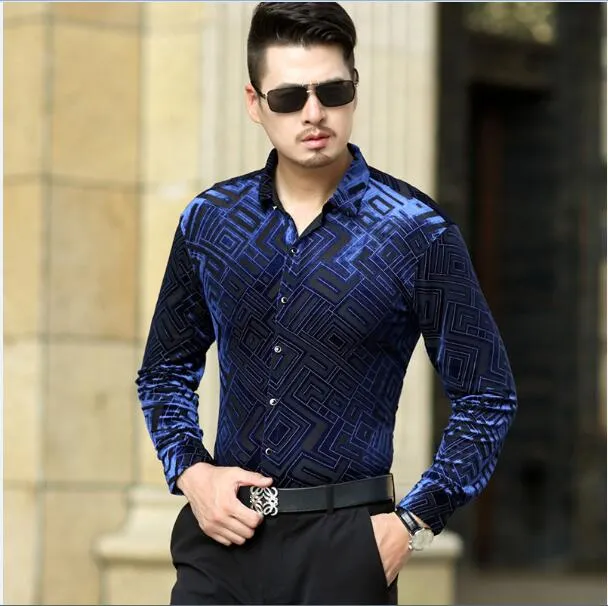 Geometric Pattern Velvet Slim Fit Men Long Sleeves Shirt