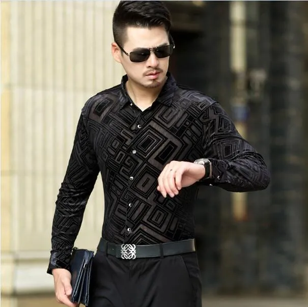 Geometric Pattern Velvet Slim Fit Men Long Sleeves Shirt