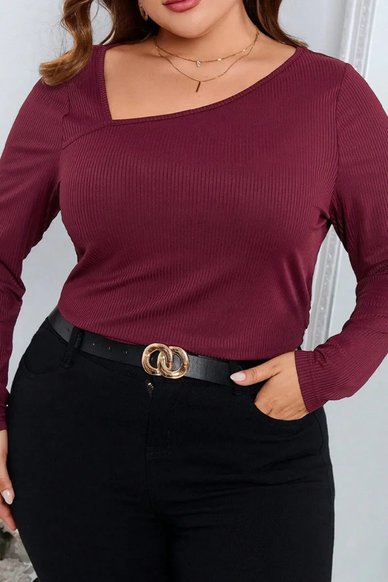 hulianfu Casual Solid Basic Oblique Collar Plus Size Tops