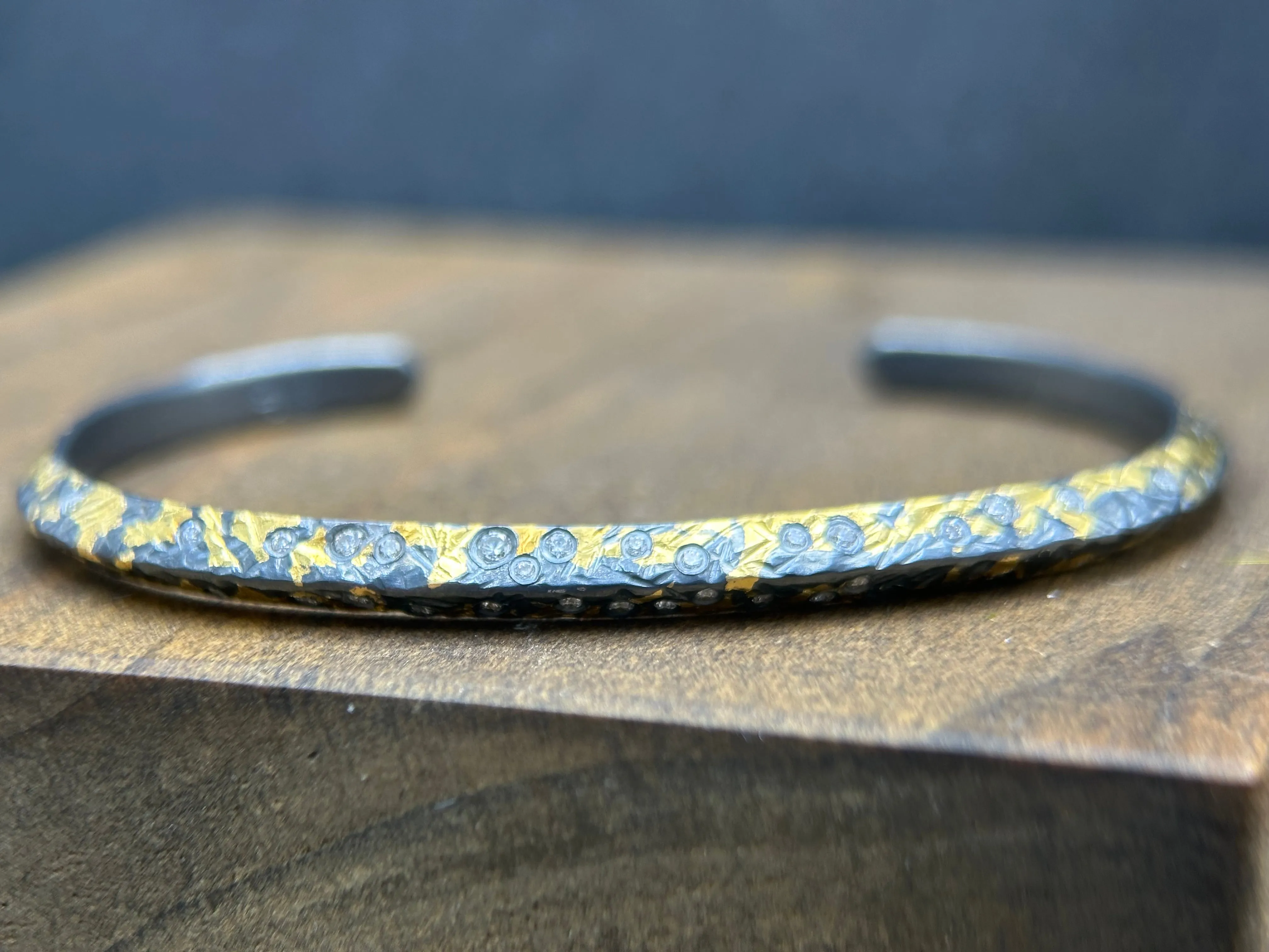 Knife Edge Oxidized Silver Cuff with Keum Boo and Diamonds