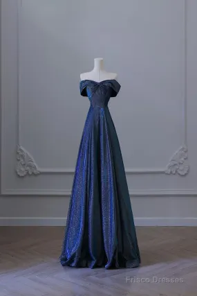 Pretty A Line Off The Shoulder Blue Sequin Long Prom Dresses Evening Gowns