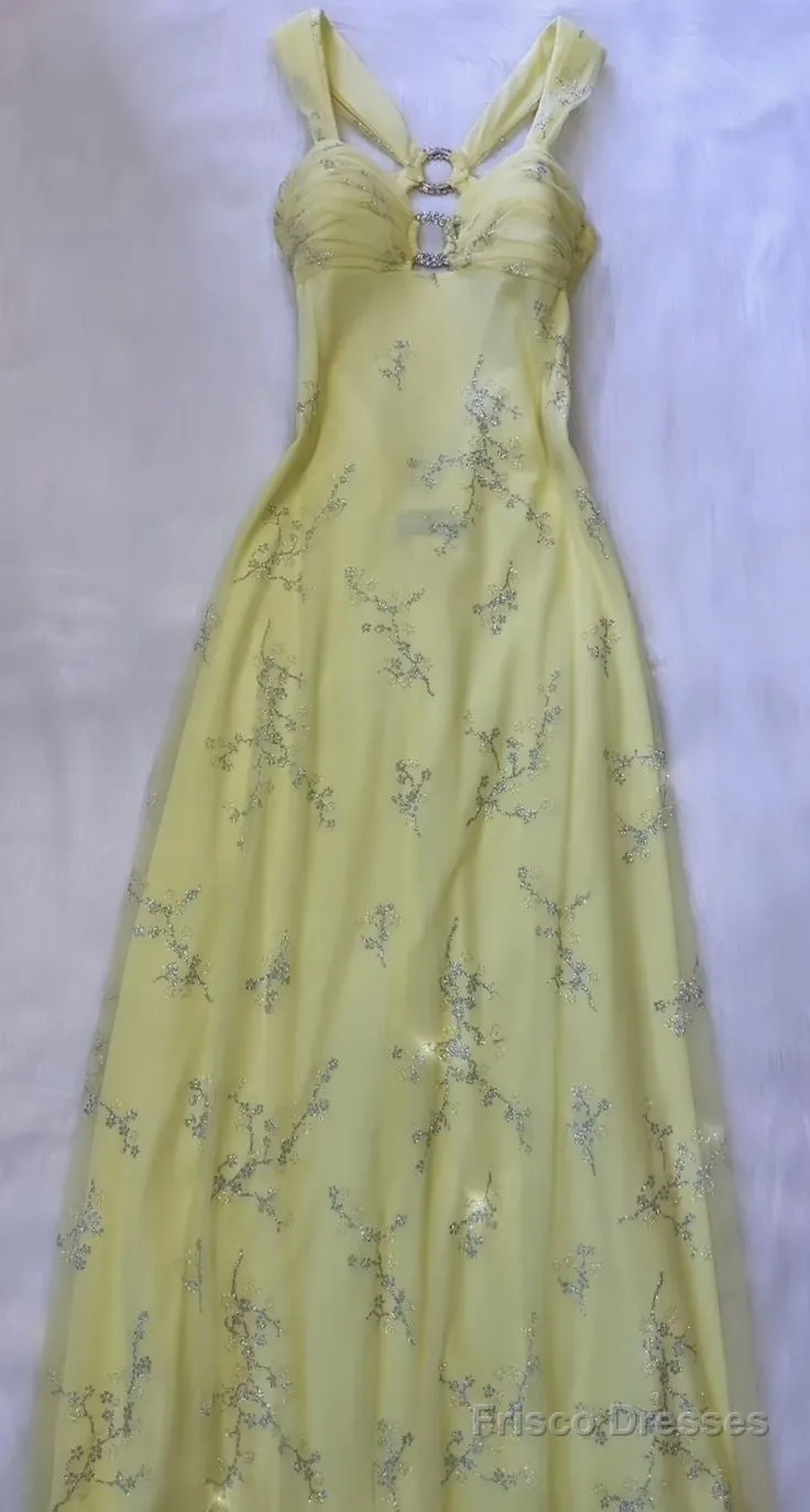 Pretty A Line Straps Yellow Chiffon Prom Dresses Long Evening Gowns