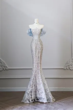Pretty Mermaid Off The Shoulder Sequin Blue Long Prom Dresses Evening Gowns