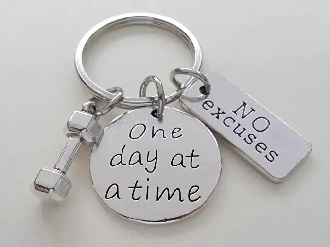 "One Day At A Time" & "No Excuses" Fitness Encouragement Keychain with Weight Charm, Health Keychain