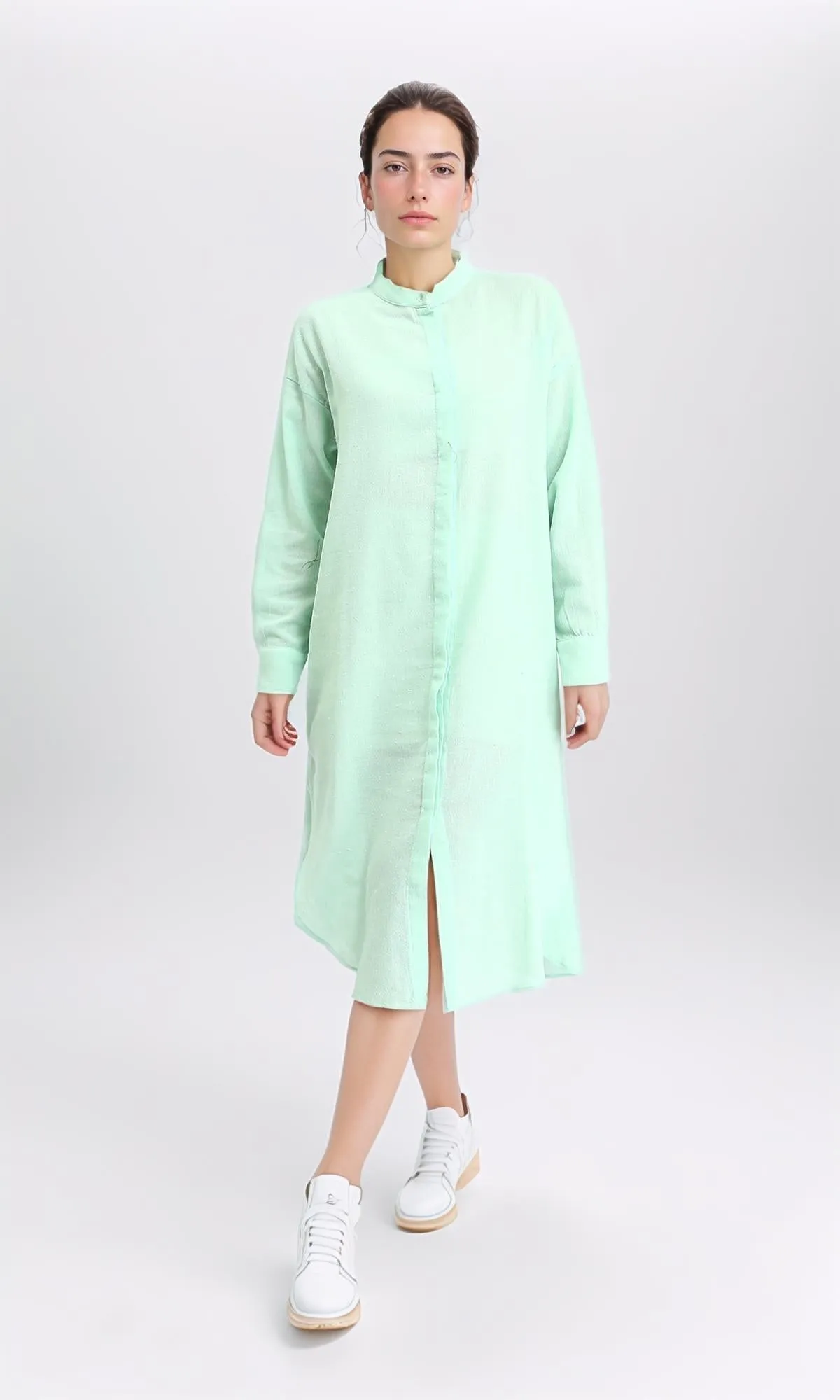 R206348 - Long Cotton Shirt with Hidden Buttons - Pastel Green