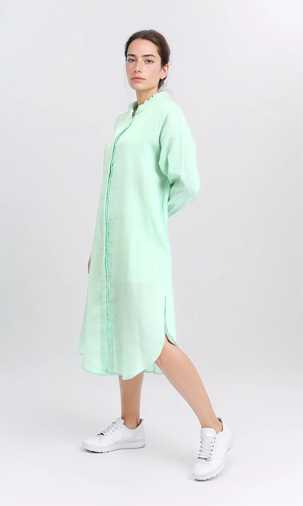 R206348 - Long Cotton Shirt with Hidden Buttons - Pastel Green
