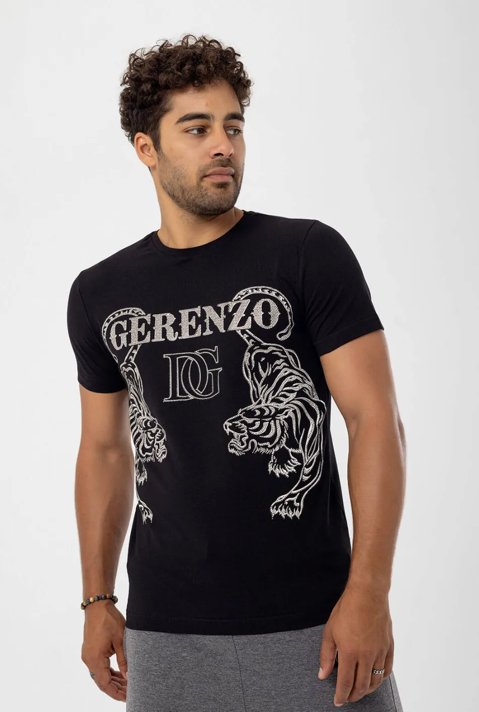 Rhinestone Tiger T-shirt Black Unisex #112646