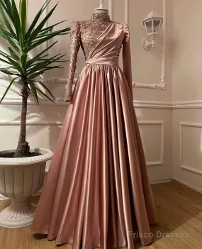 Rose Gold Silver Prom Dress, Long Sleeves Dubai Evening Dresses, Muslim Women Wedding Party Gowns 2025 Elegant Silver Grey Arabic Engagement