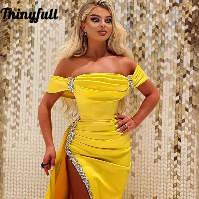 Sexy Prom Dresses Off Shoulder Beading High Split Evening Dress Saudi Arabia Mermaid Fashion 2022 Cocktail Party Gowns