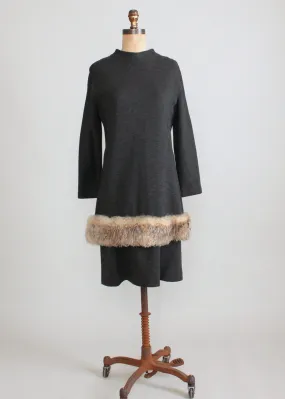Vintage 1960s Grey Wool and Faux Fur MOD Dress