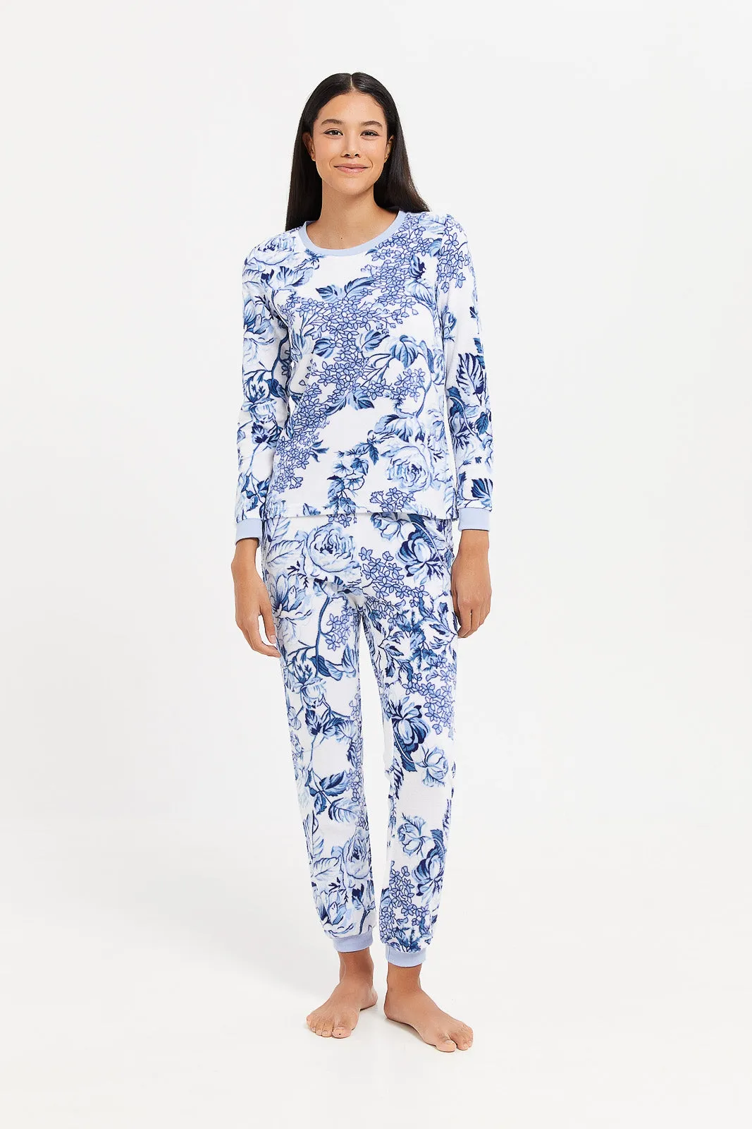 Women Blue Printed Fleece Pyjama Set (2 Piece)