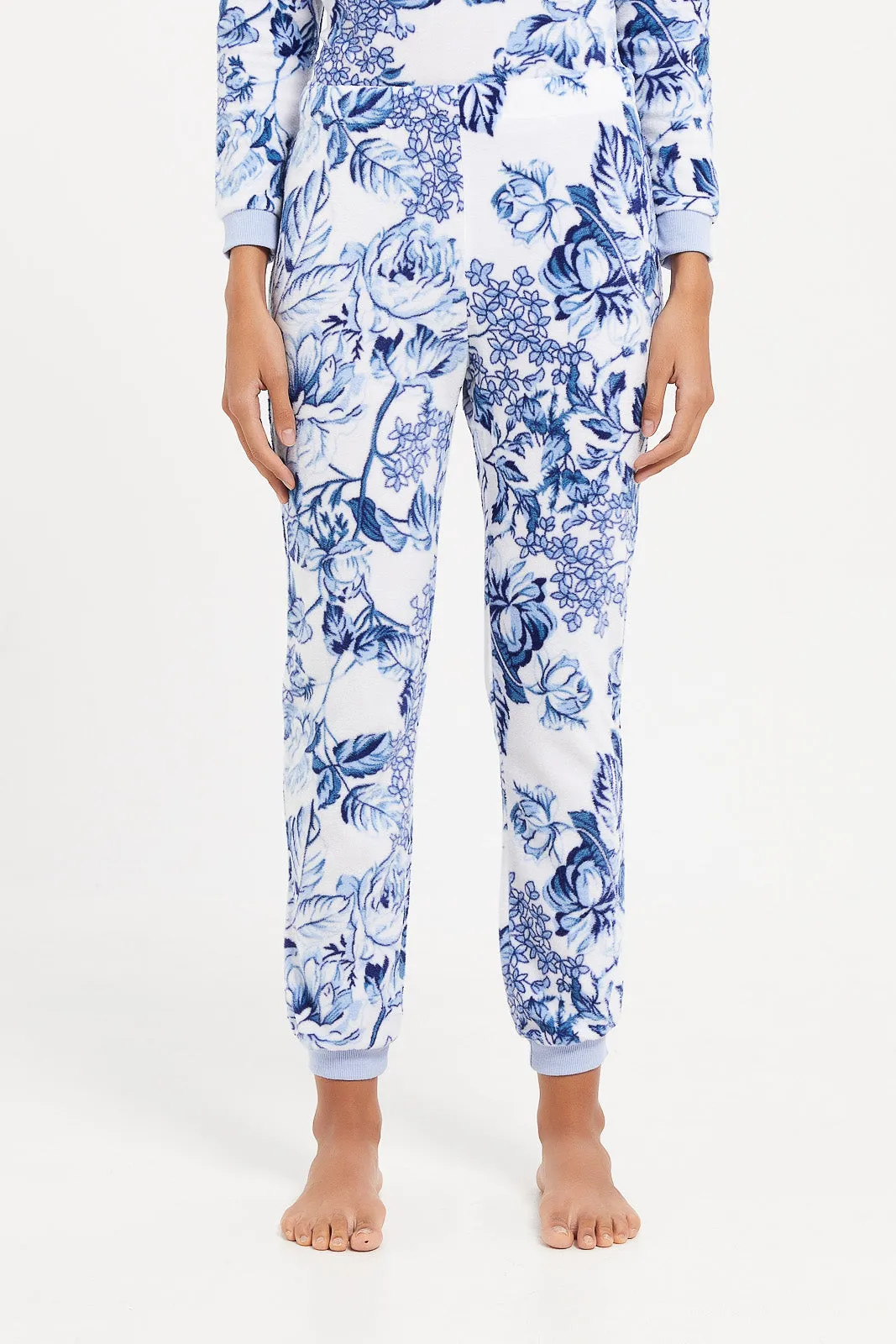 Women Blue Printed Fleece Pyjama Set (2 Piece)