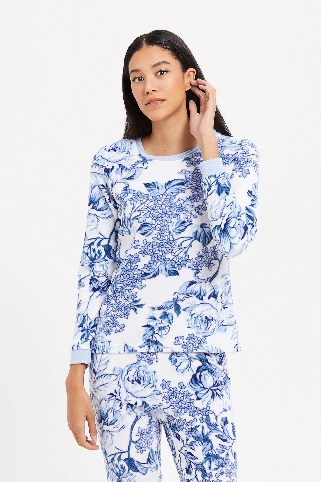 Women Blue Printed Fleece Pyjama Set (2 Piece)