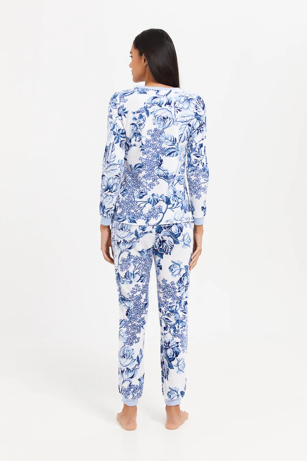Women Blue Printed Fleece Pyjama Set (2 Piece)