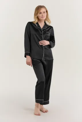 Women’s Long-Sleeve & Pants Silk Pajama In Black