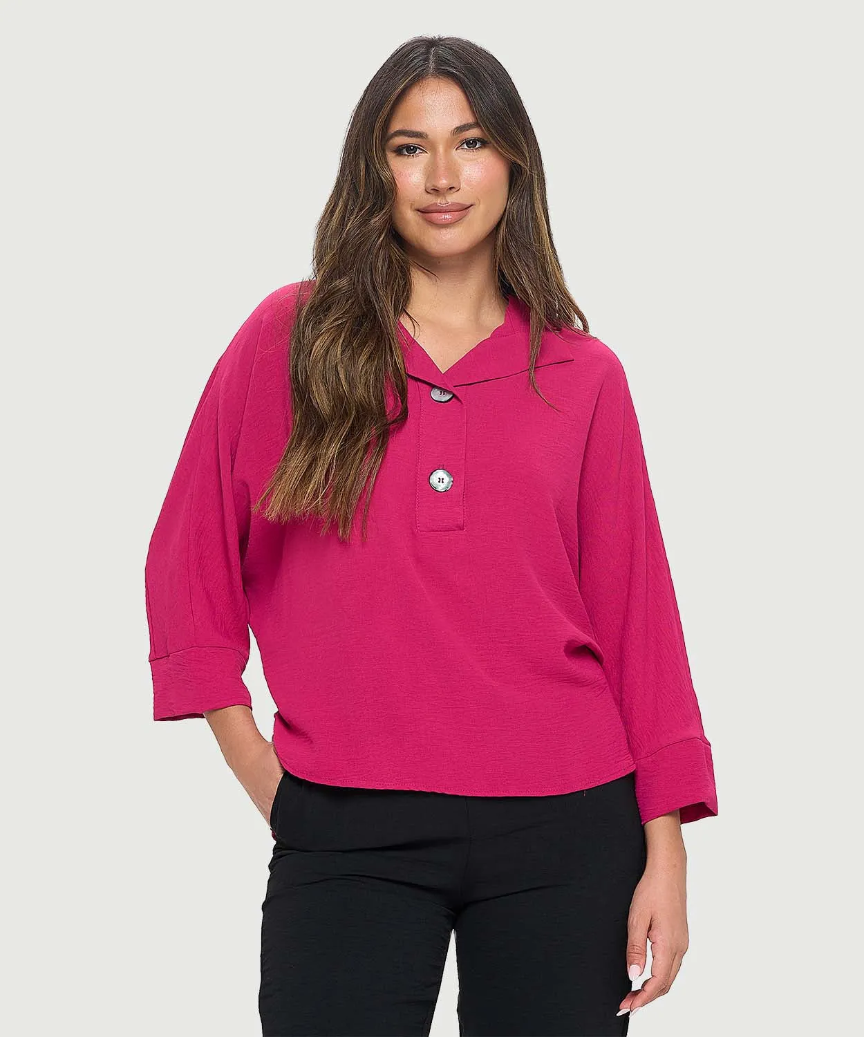 Woven Half Placket Dolman Top